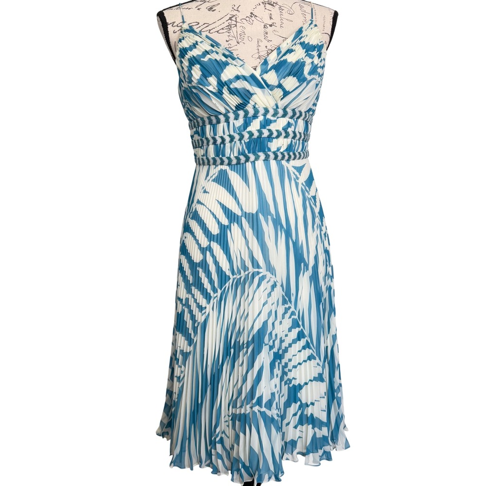 Blue/Teal White Palm Print Pleated Beaded Empire Chiffon Midi Dress Sz‎ 6 Y2K